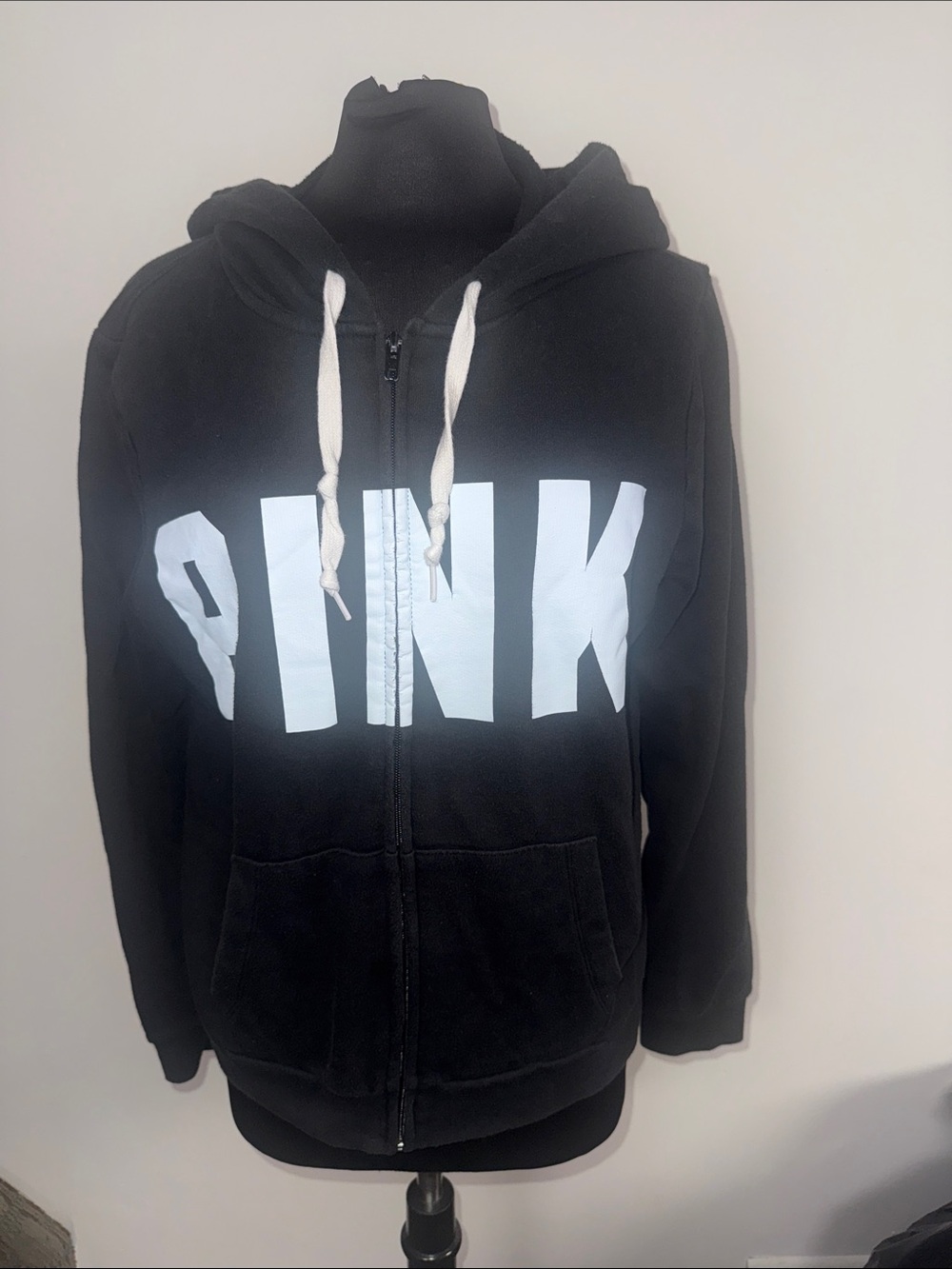 Women’s size large PINK Victoria's Secret Black Zip-Up Hoodie with White Logo
